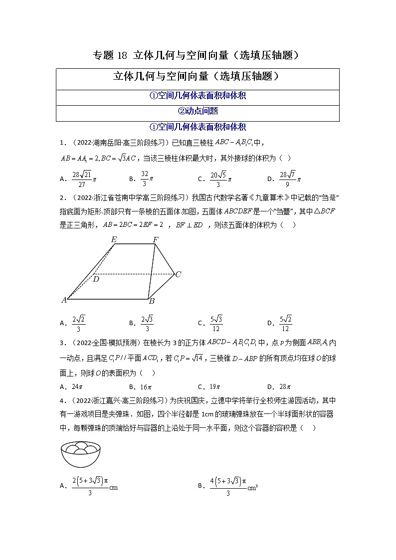 2023年高考数学必刷压轴题（新高考版）专题18 立体几何与空间向量（选填压轴题）  Word版无答案第1页