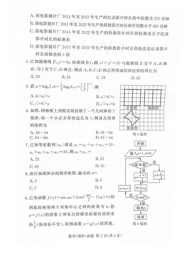 2023届湘豫名校联考高三下学期第二次模拟考试（4月）理科数学试题第2页