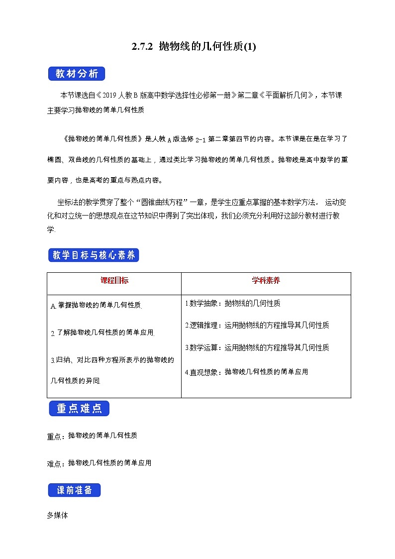 人教B版高中数学选择性必修第一册2.7.2《 抛物线的几何性质（1》 教学设计第1页