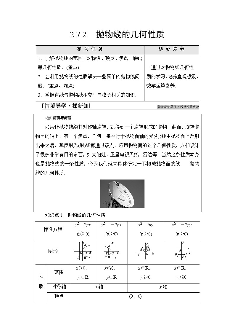 人教B版高中数学选择性必修第一册2.7.2《抛物线的几何性质》课件+学案+练习含答案01