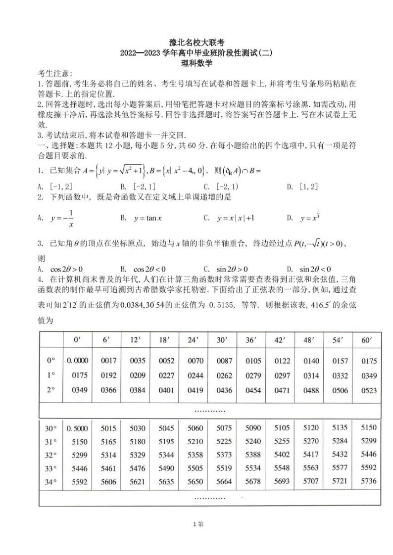 2023届河南省豫北名校大联考高三上学期阶段性测试（二） 数学理（PDF版）01