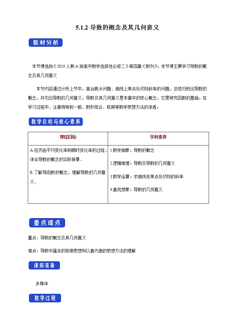 人教A版高中数学选择性必修二5.1.2导数的概念及其几何意义教学设计01