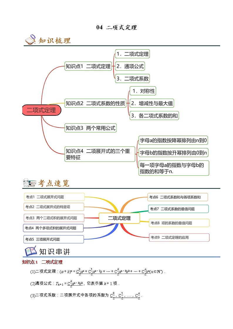专题04 二项式定理（知识串讲 热考题型 专题训练）-2022-2023学年高二数学下学期期中期末考点大串讲（苏教版2019选择性必修第二册）01