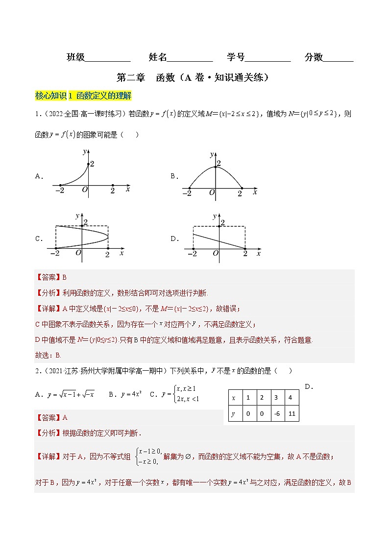 第二章 函数（A卷·知识通关练）-【单元测试】2022-2023学年高一数学分层训练AB卷（北师大版2019必修第一册）01