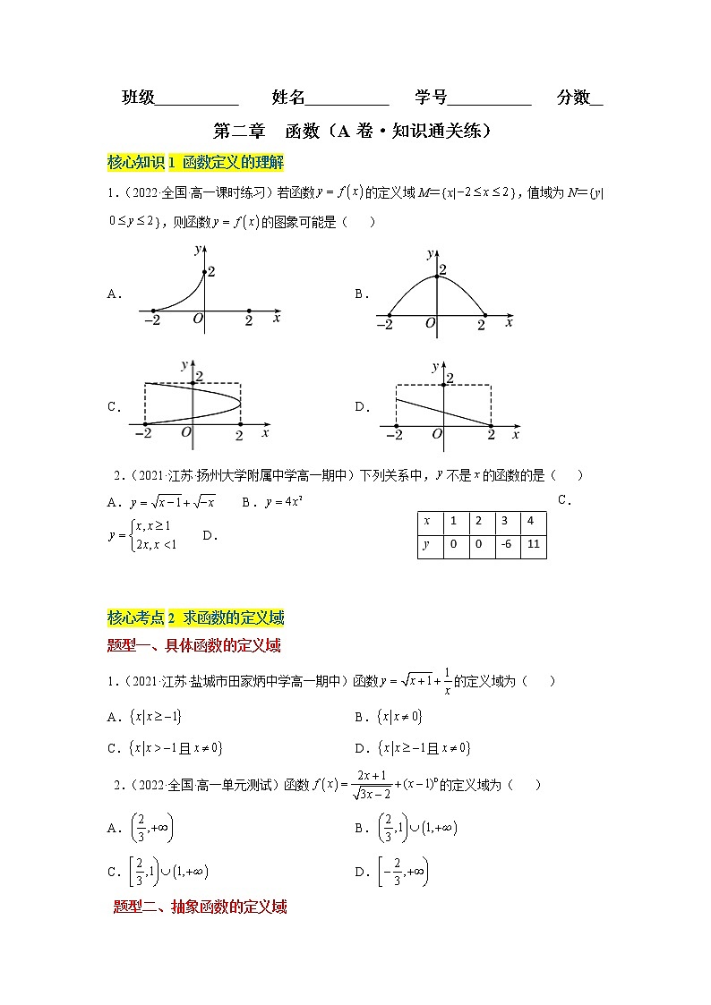 第二章 函数（A卷·知识通关练）-【单元测试】2022-2023学年高一数学分层训练AB卷（北师大版2019必修第一册）01