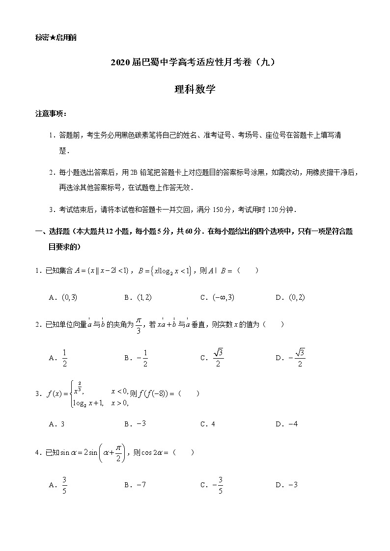 2020届重庆市巴蜀中学高三下学期适应性月考九理科数学试题 (2)第1页