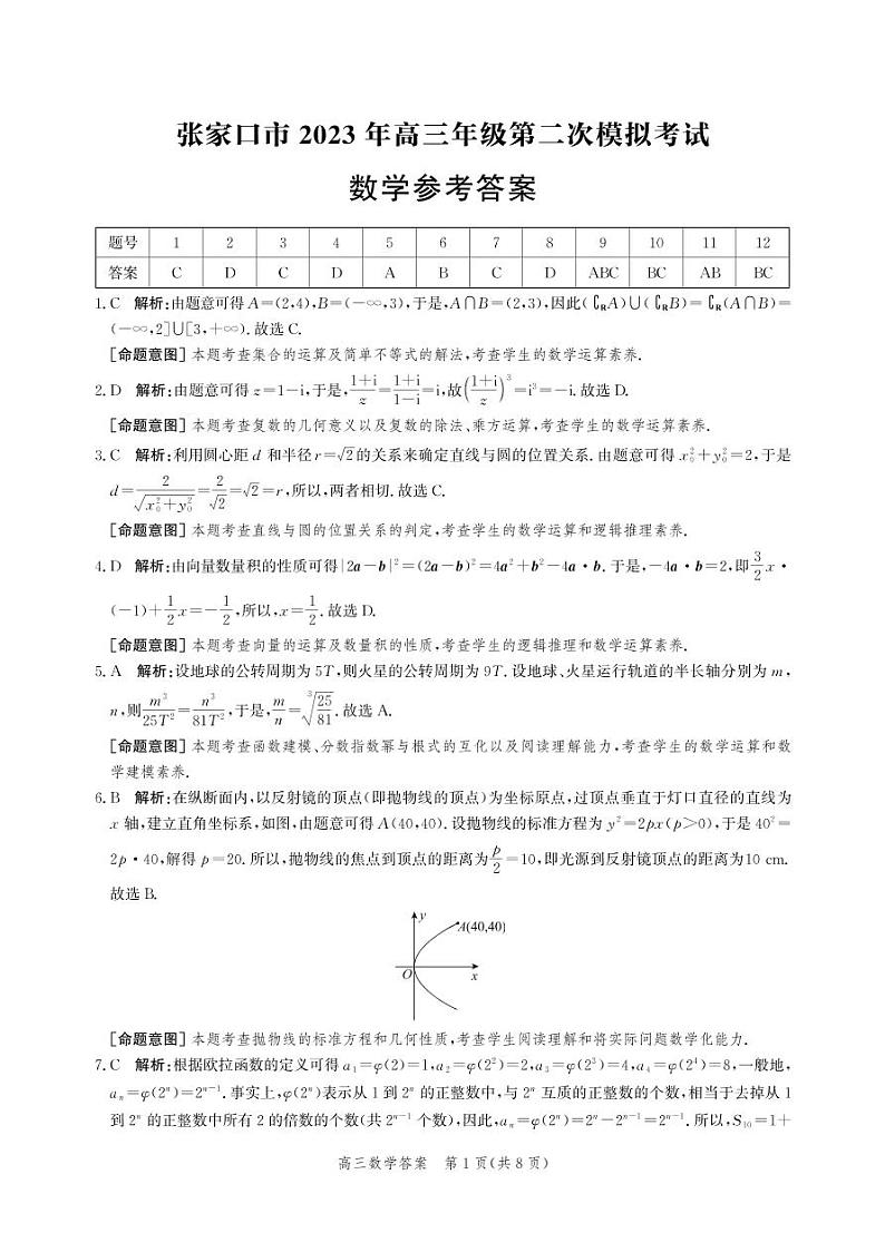河北省张家口市2023届高三第二次模拟考试 数学答案第1页
