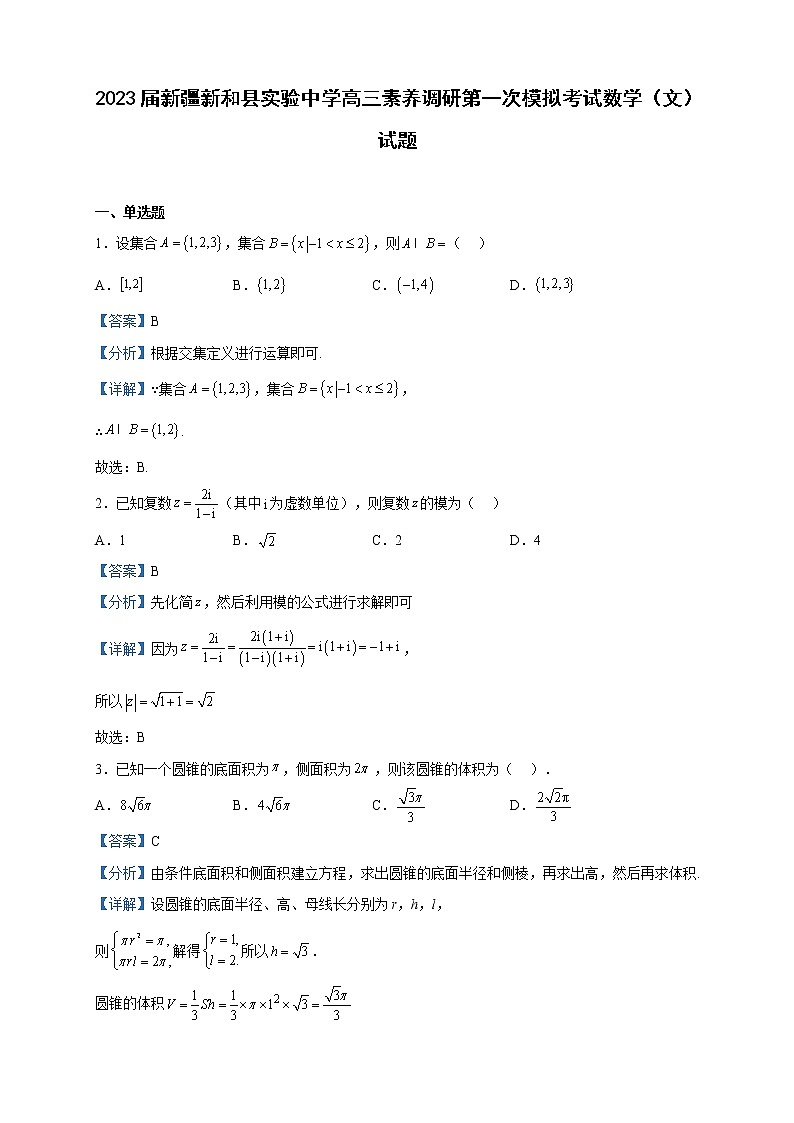 2023届新疆新和县实验中学高三素养调研第一次模拟考试数学（文）试题含解析01