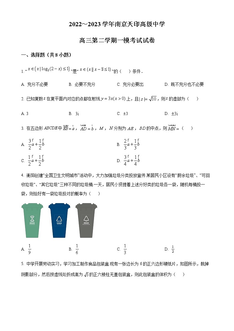 精品解析：江苏省南京天印高级中学2023届高三下学期一模数学试题01