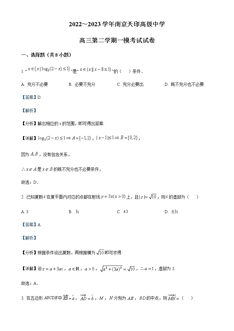 精品解析：江苏省南京天印高级中学2023届高三下学期一模数学试题01