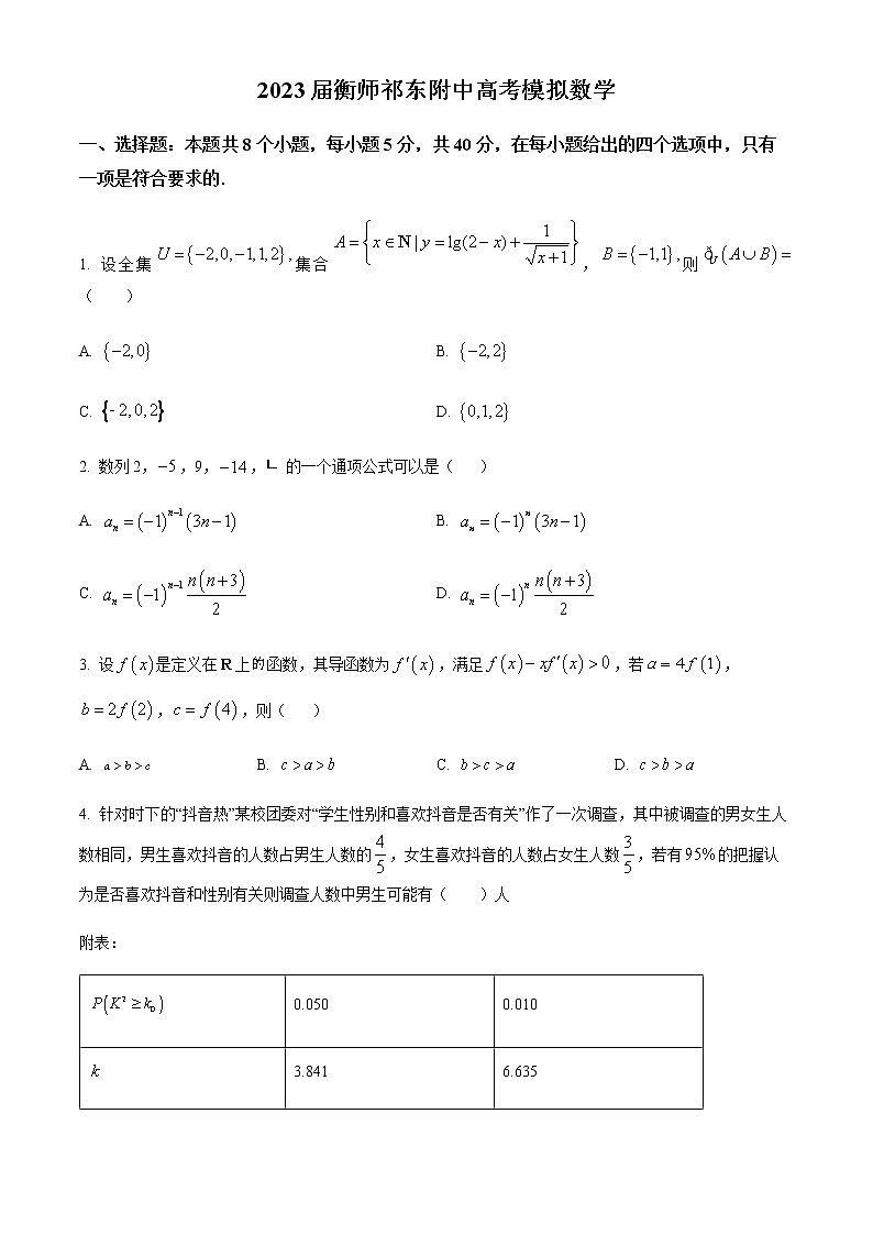 精品解析：湖南省衡阳师范学院祁东附属中学2023届高三下学期2月高考模拟数学试题01