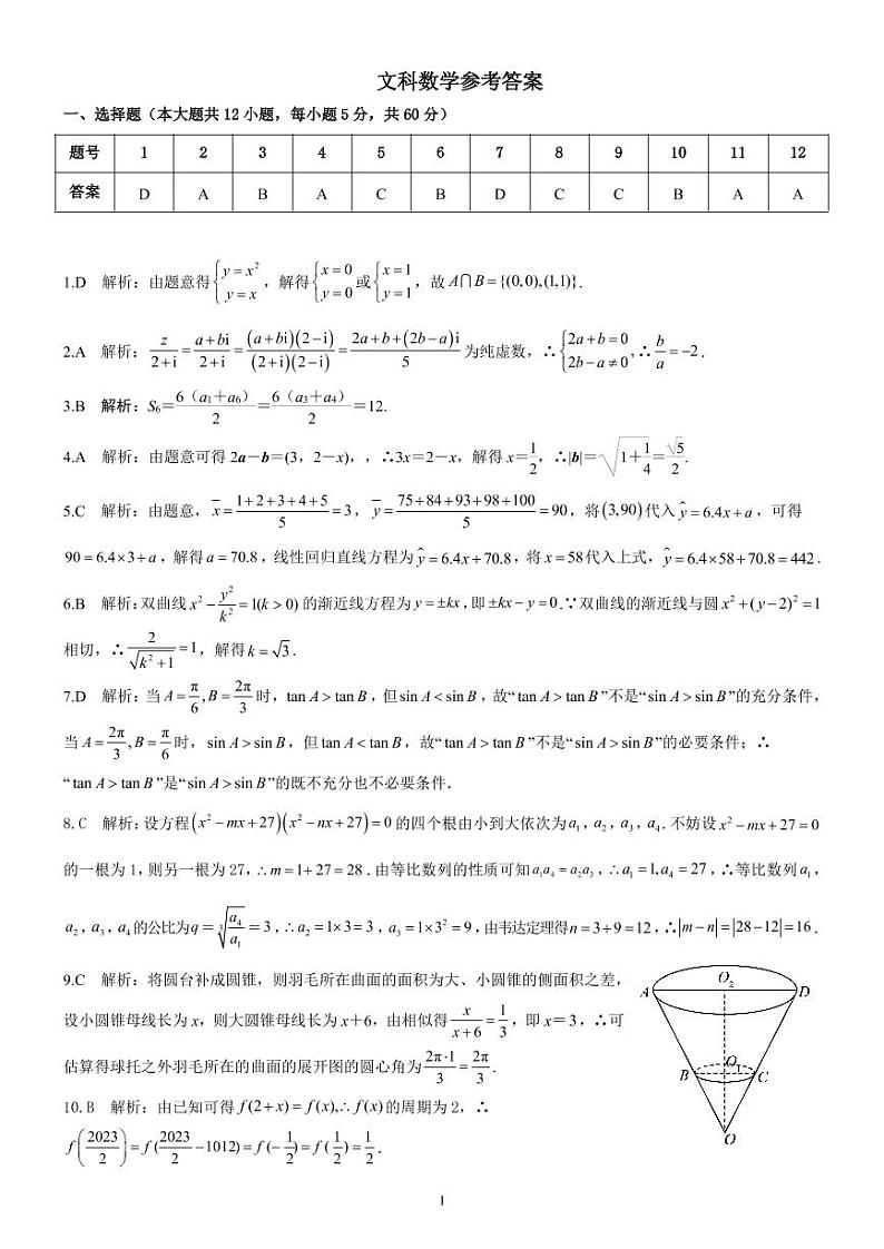 2023安康高三下学期第三次质量联考试题（三模）数学（文）PDF版含解析01
