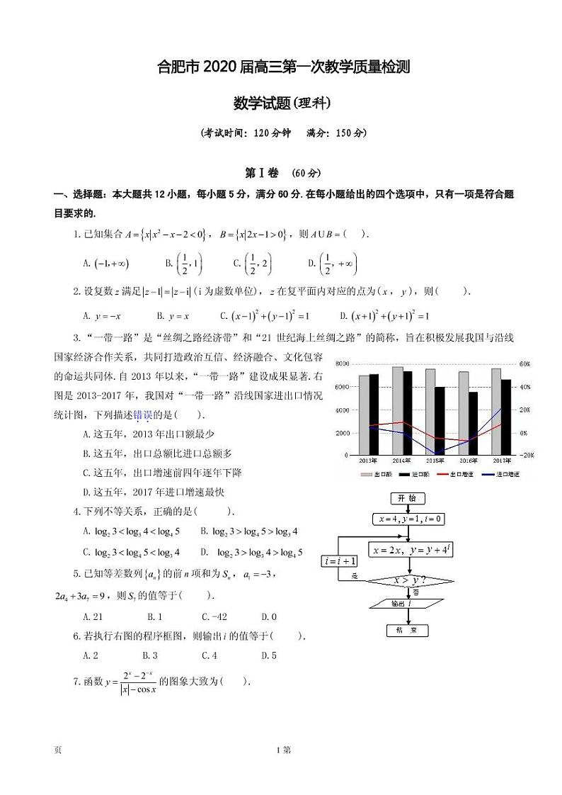 2020届安徽省合肥市高三第一次教学质量检测数学（理）试题（PDF版）第1页