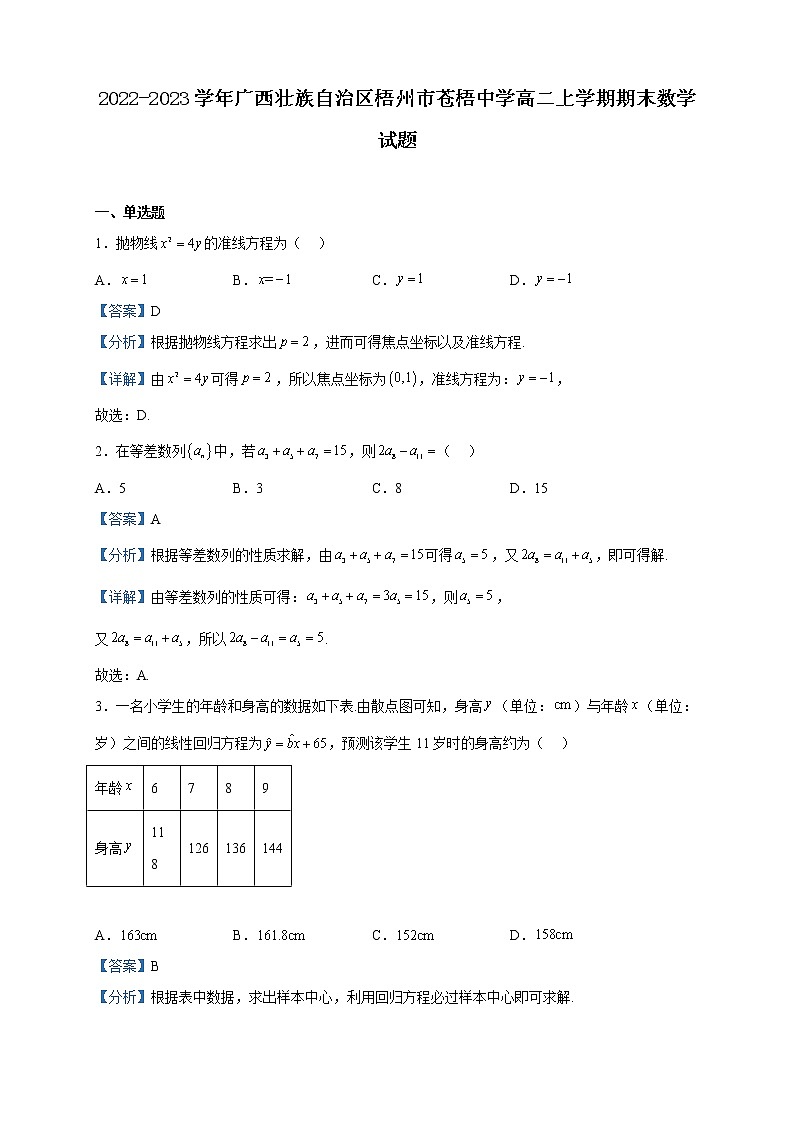 2022-2023学年广西壮族自治区梧州市苍梧中学高二上学期期末数学试题含解析01