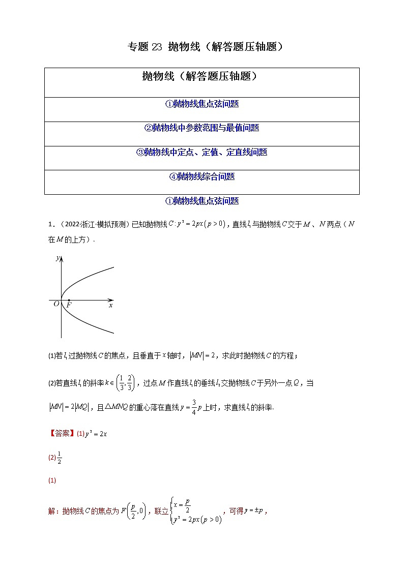 2023年高考数学必刷压轴题专题23抛物线（解答题压轴题）含解析01