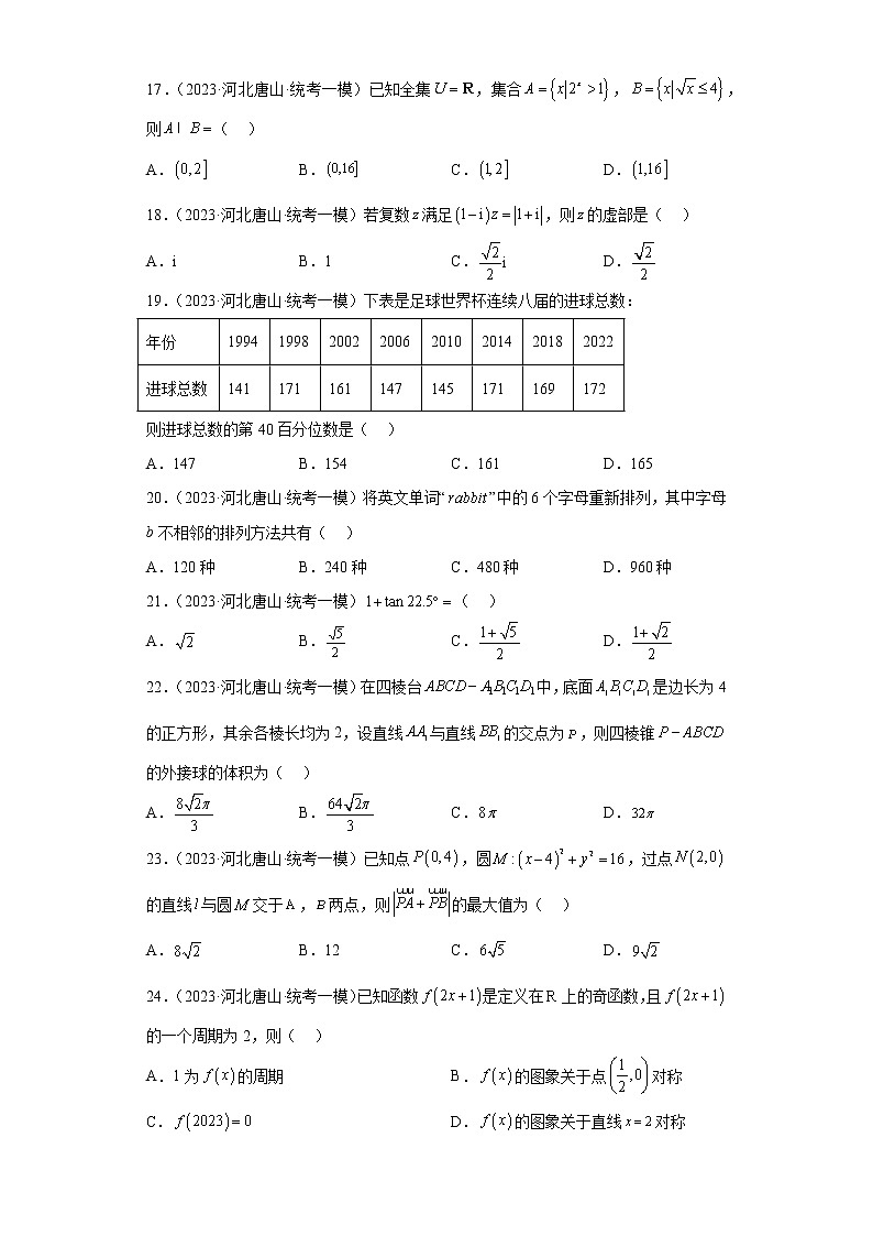 河北省唐山市三年（2021届-2023届）高考数学模拟题（一模）按题型汇编03