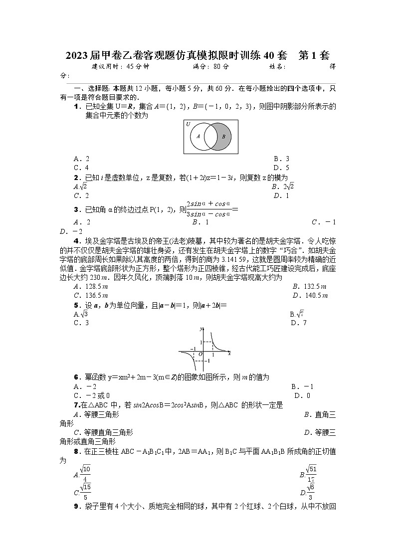 2023届甲卷乙卷客观题仿真模拟限时训练40套  第1套（原卷版）第1页