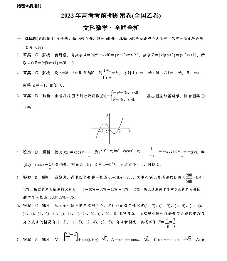 文科数学-2022年高考考前押题密卷(全国乙卷)(全解全析)01