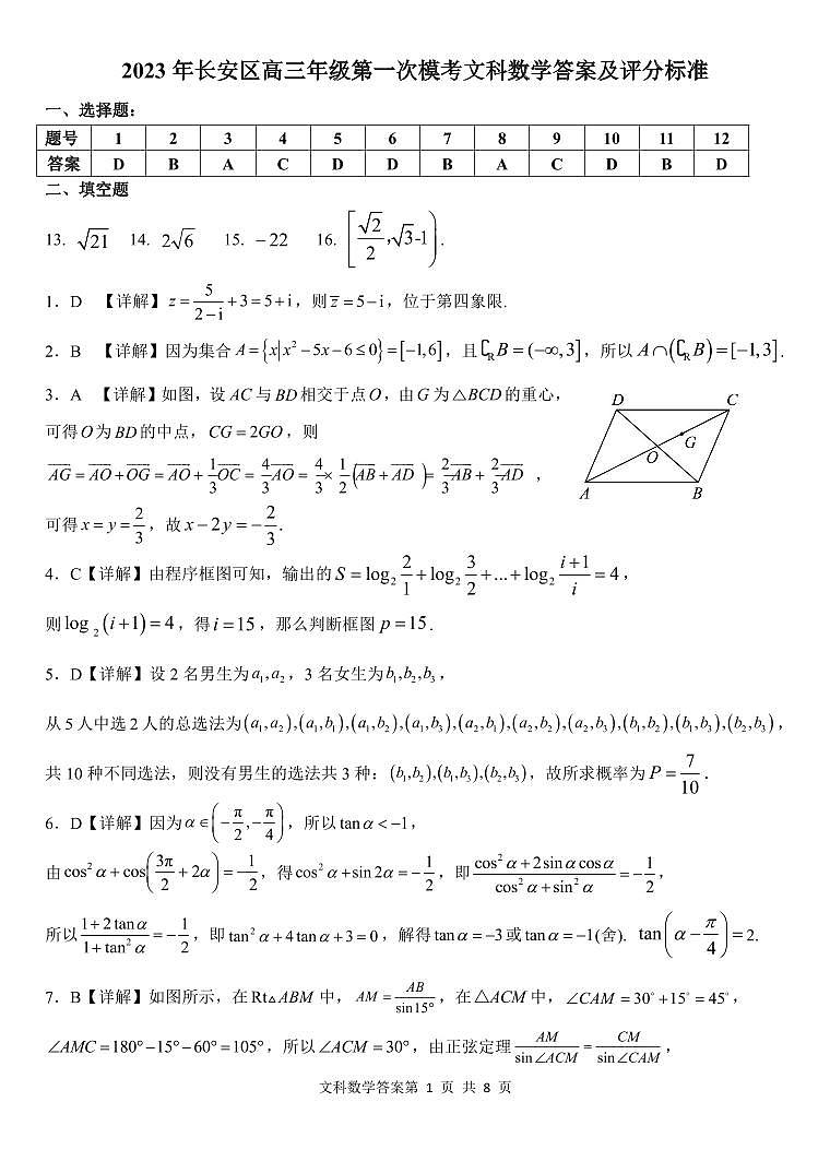 2023届陕西省西安市长安区高三第一次模拟考试 文数答案和解析第1页