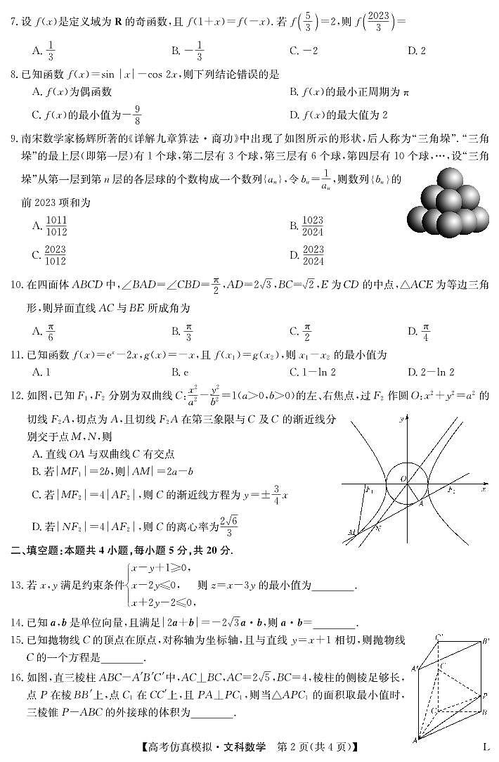 数学文-高考仿真模拟(老教材)第2页