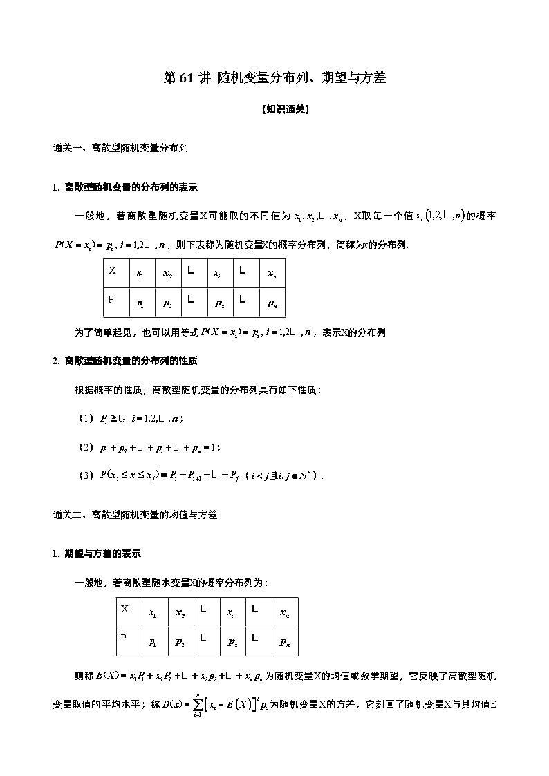 第61讲 随机变量分布列、期望与方差-原卷版第1页