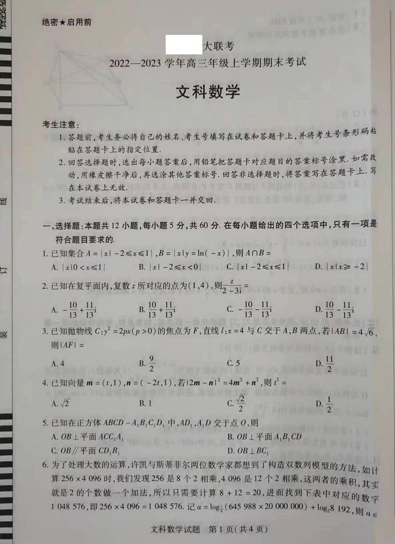 2022-2023学年河南省天一大联考高三上学期期末考试数学（文）PDF版含答案01