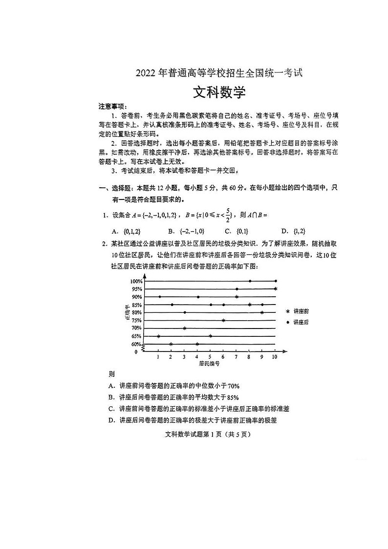 2022年全国甲卷数学文科高考真题01