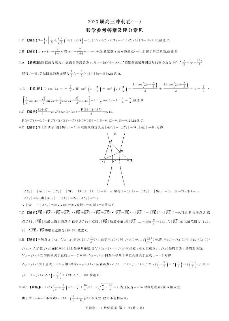 冲刺(一)数学(新高考)答案第1页