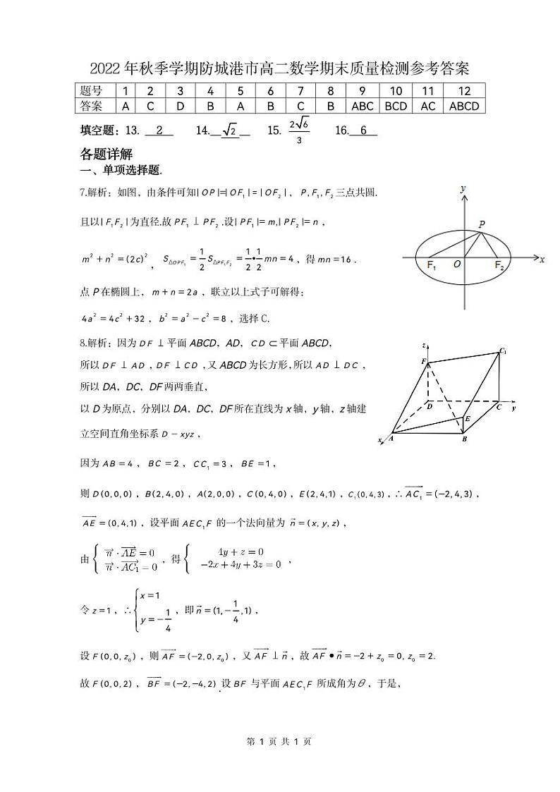 防城港市2022秋季学期高二数学期末考试答案第1页