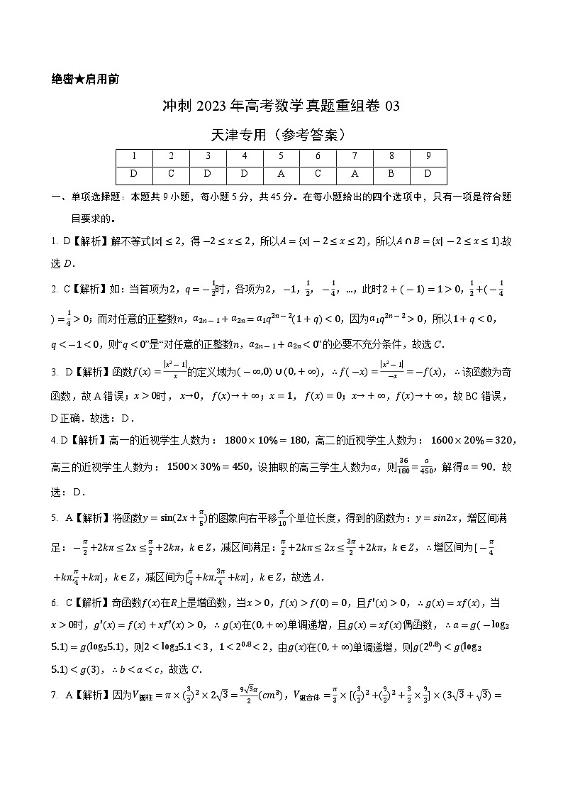 真题重组卷03——2023年高考数学真题汇编重组卷（天津专用）01