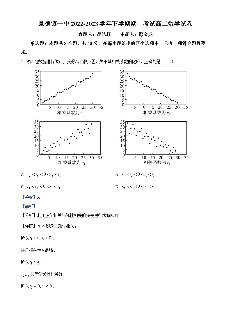 精品解析：江西省景德镇一中2022-2023学年高二下学期期中考试数学试题（解析版）01