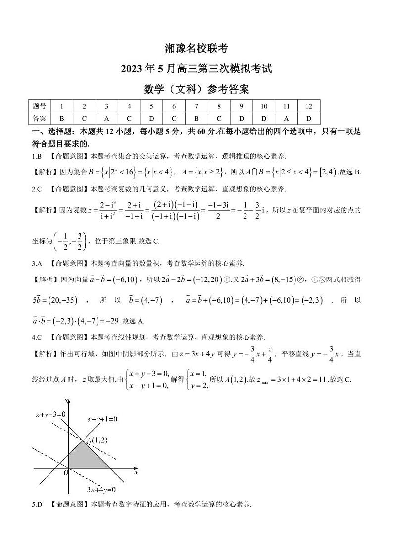 2023届湘豫名校联考高三下学期第三次模拟考试 文数答案和解析第1页