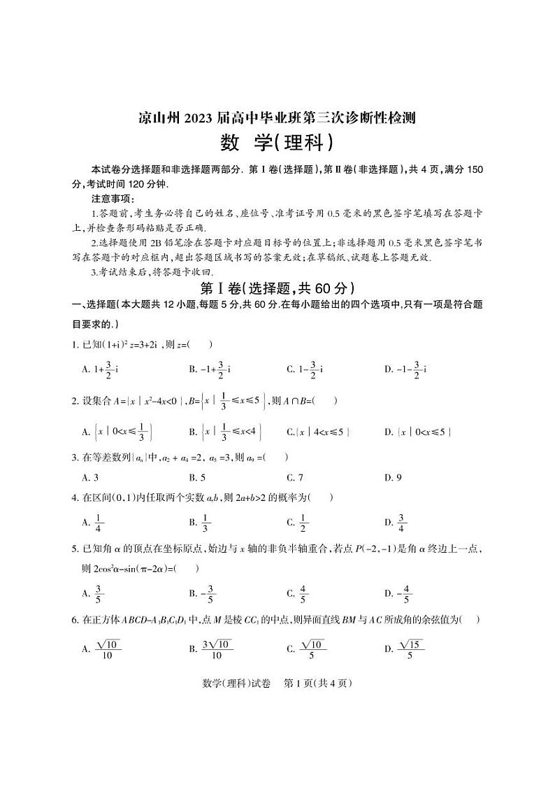 2023届四川省凉山彝族自治州高三第三次诊断性检测数学（理）试题第1页