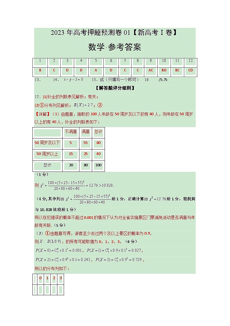 2023年高考数学押题卷01（新高考Ⅰ卷）（参考答案）第1页