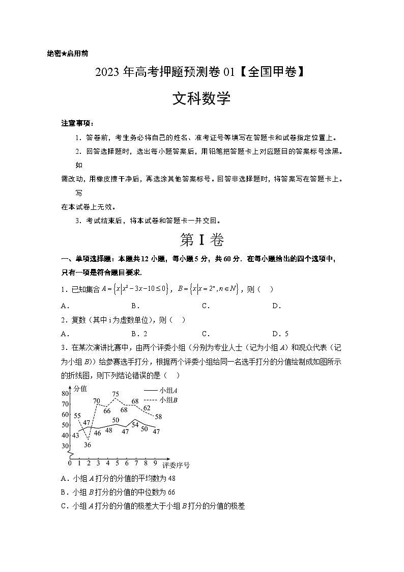 2023年高考数学押题卷01（全国甲卷文）（考试版）A4第1页