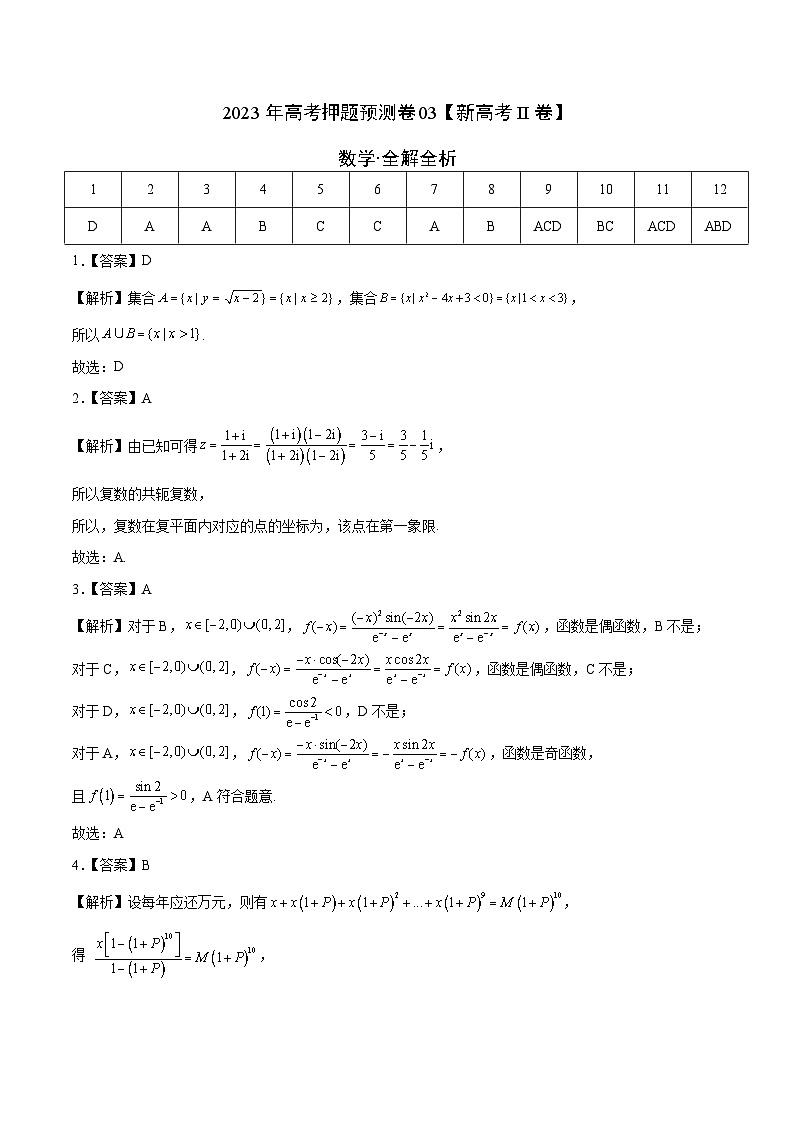 2023年高考数学押题卷03（新高考Ⅱ卷）（全解全析）第1页