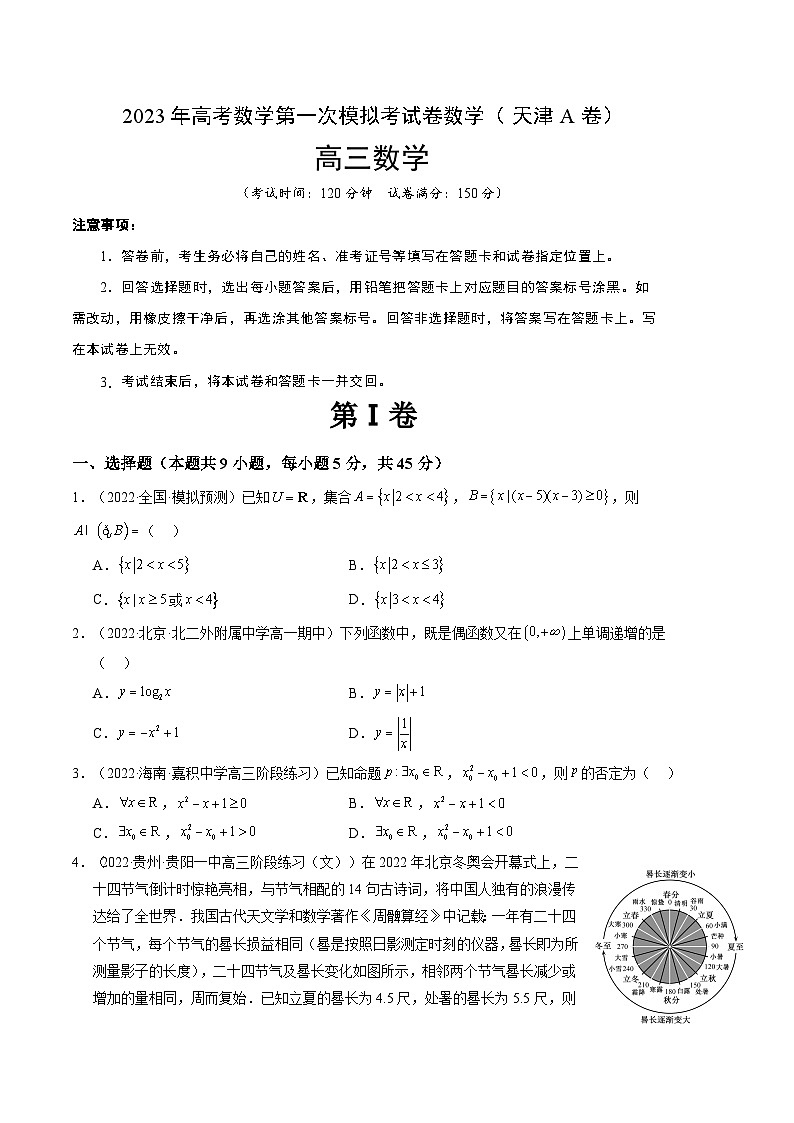 数学（天津A卷）-学易金卷：2023年高考第一模拟考试卷01