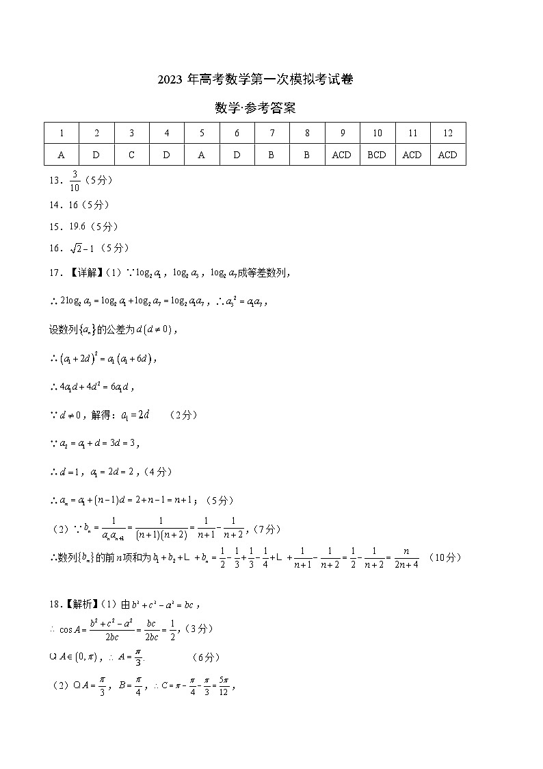 数学（新高考Ⅱ卷A卷）2023年高考第一次模拟考试卷01