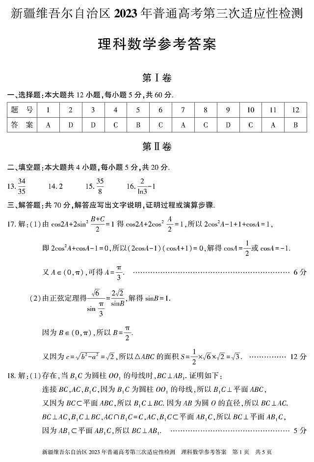 2023届新疆维吾尔自治区高三第三次适应性检测 理数答案第1页