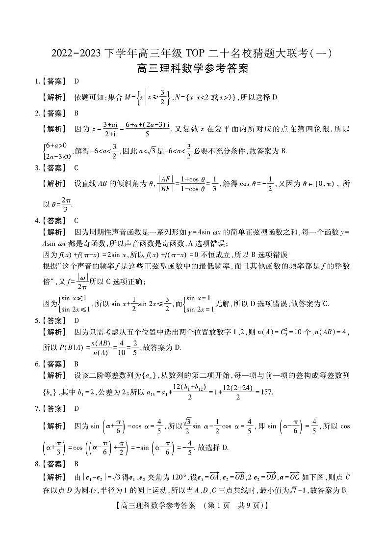 2023届河南省TOP二十名校高三下学期猜题大联考（一）理数答案和解析第1页