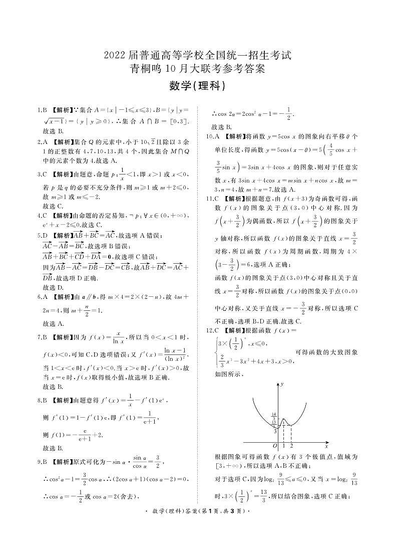 10月联考卷 理科数学答案 第1页
