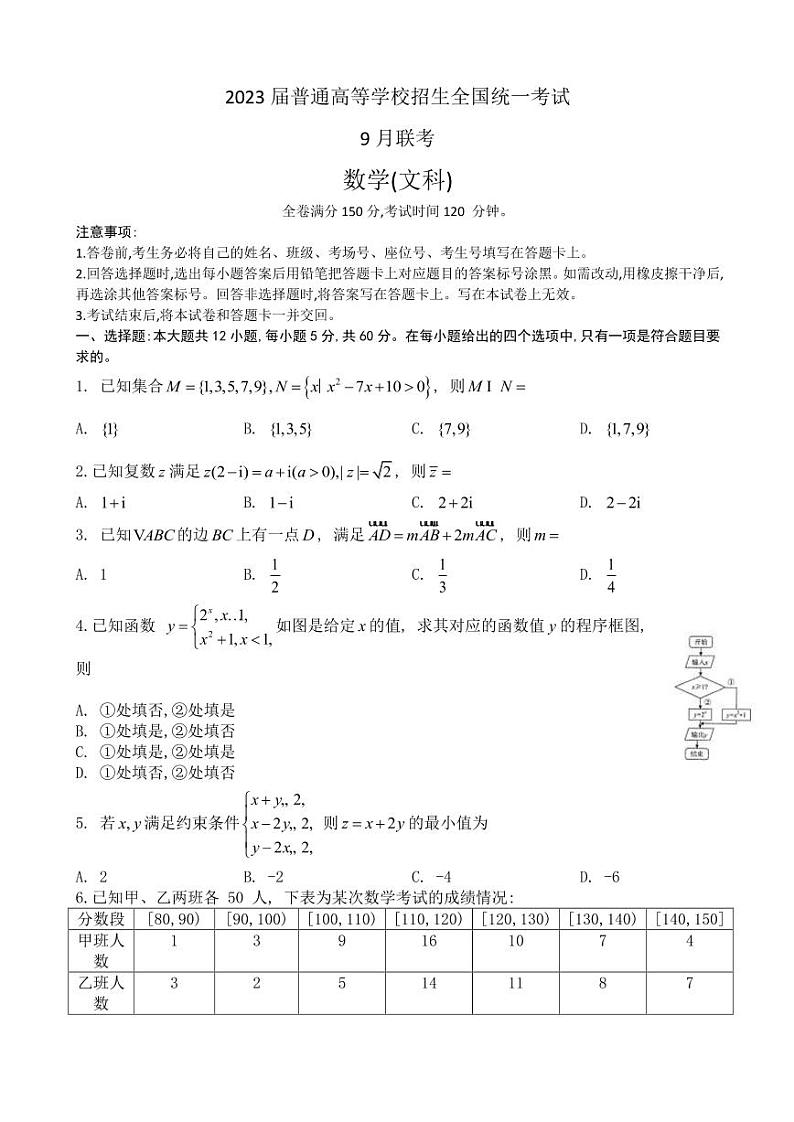 河南省部分学校2022-2023学年高三上学期9月联考数学（文科）试题 无答案第1页