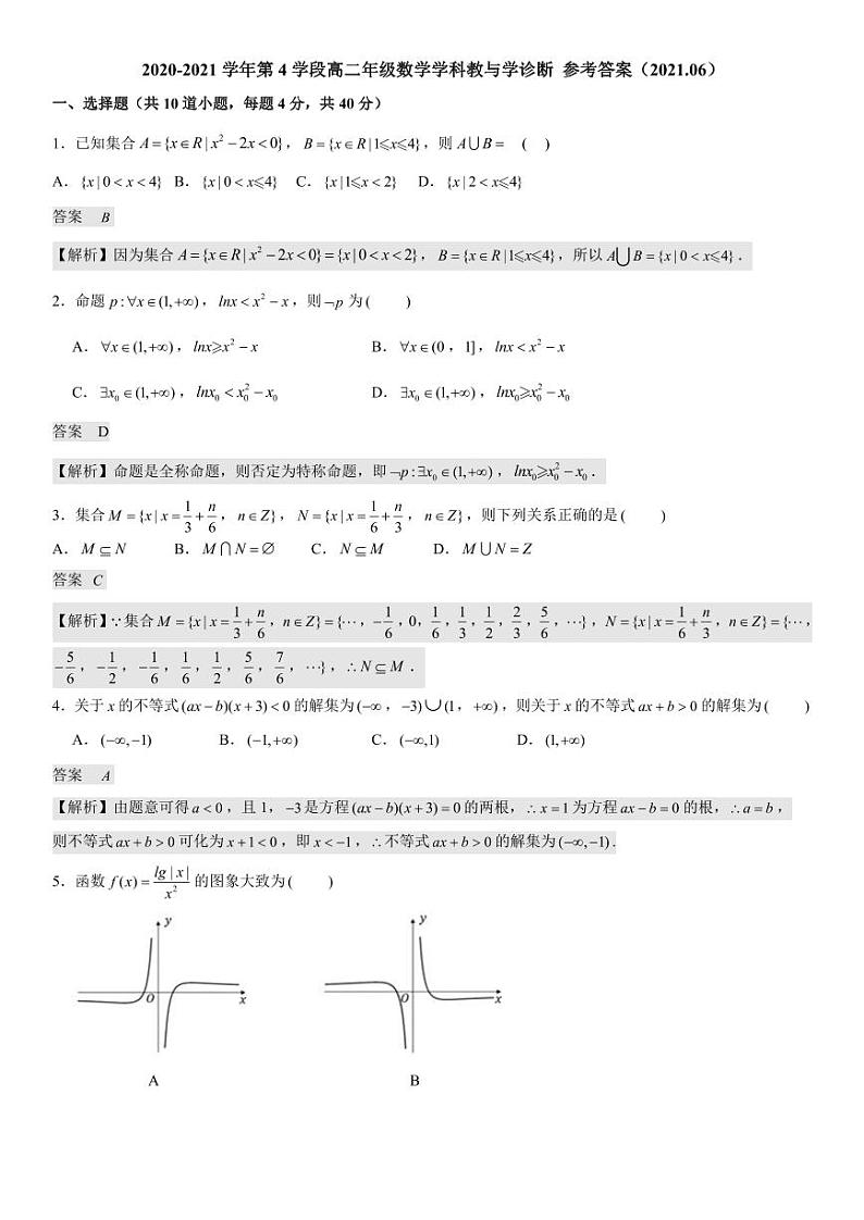 2021年北京十一学校高二期末数学试题及答案01