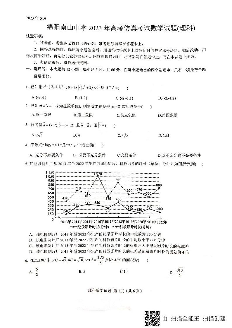 2023届四川省绵阳南山中学高考仿真考试 理数试卷及参考答案01