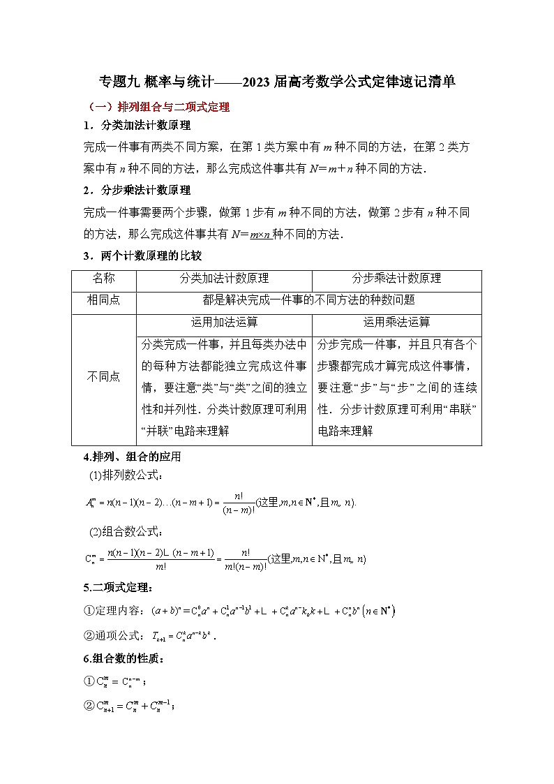 专题九 概率与统计——2023届高考数学公式定律速记清单第1页