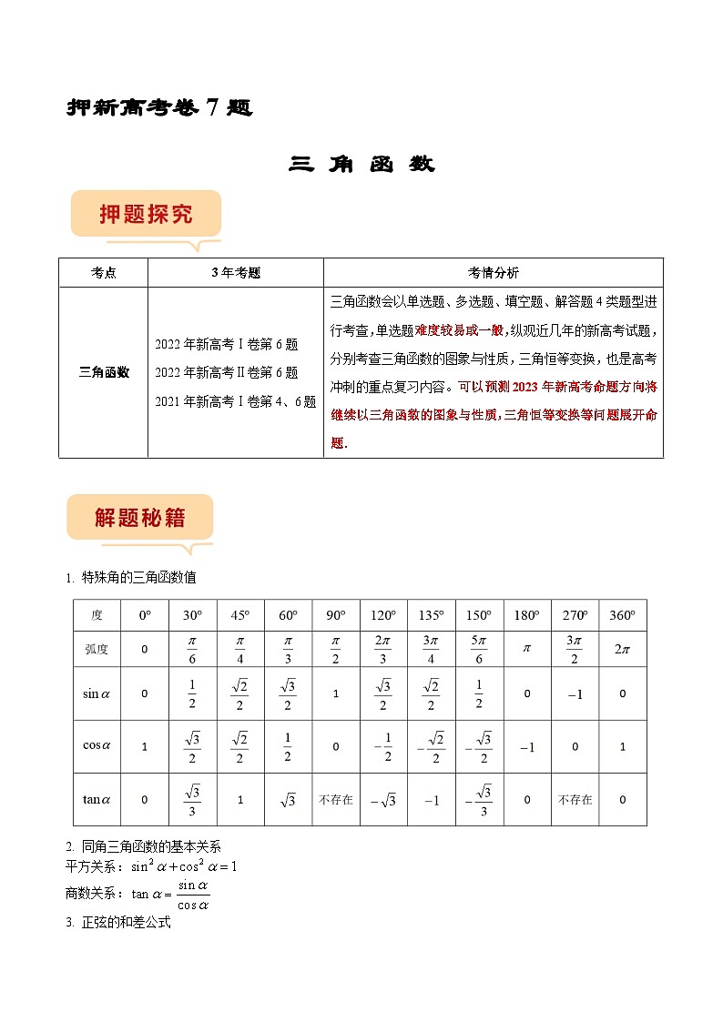 新高考数学临考题号押题第7题 三角函数（新高考）（解析版）第1页