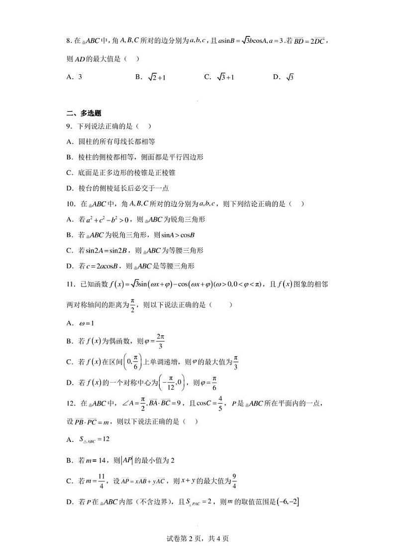 广东省佛山市南海艺术高级中学2022-2023学年高一下学期第二次大测数学试题（含答案解析）第2页