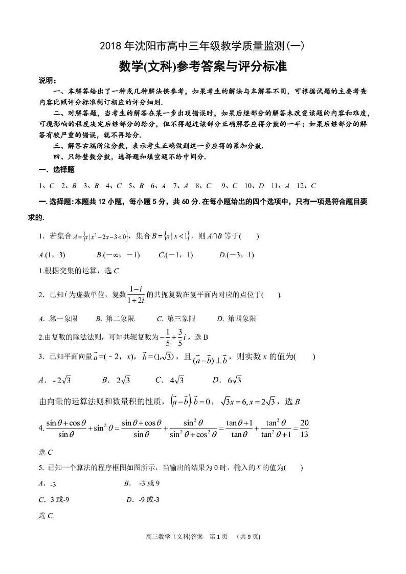 2018年沈阳市高三教学质量监测（一）文科数学评分标准第1页