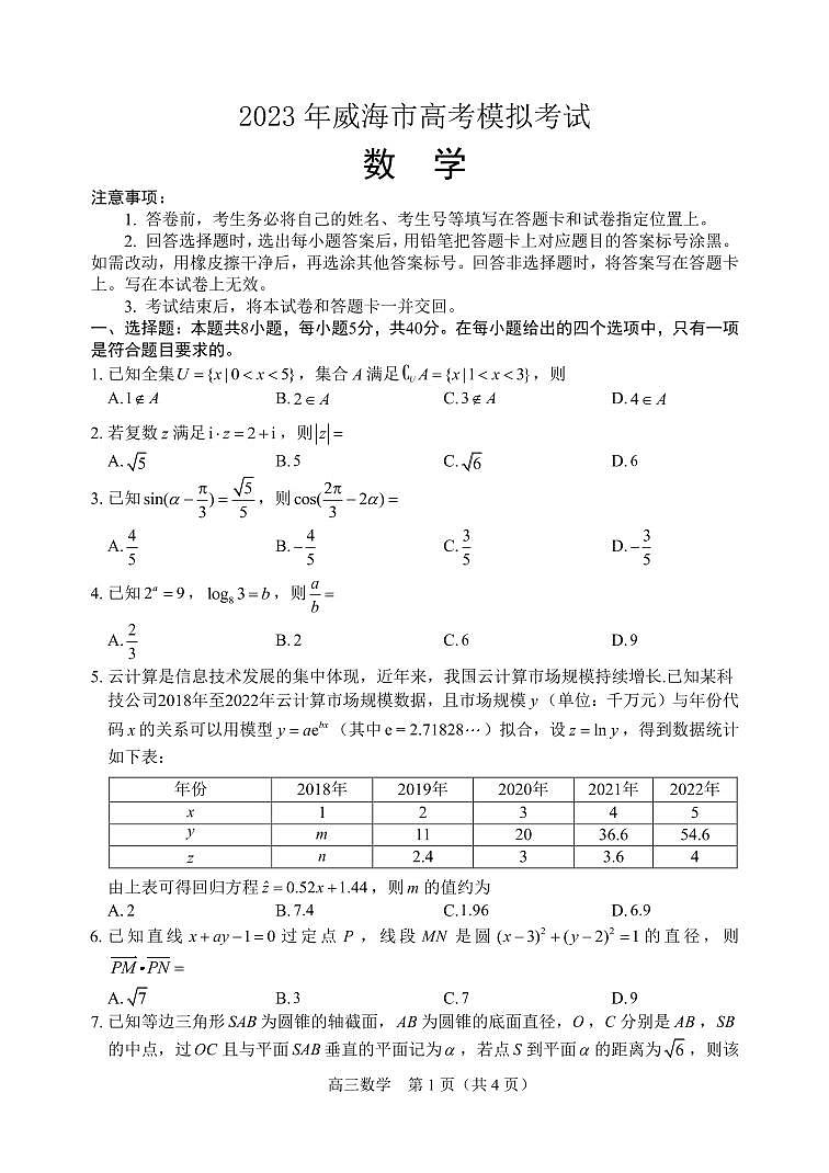 2023年威海市高考模拟考试 数学第1页