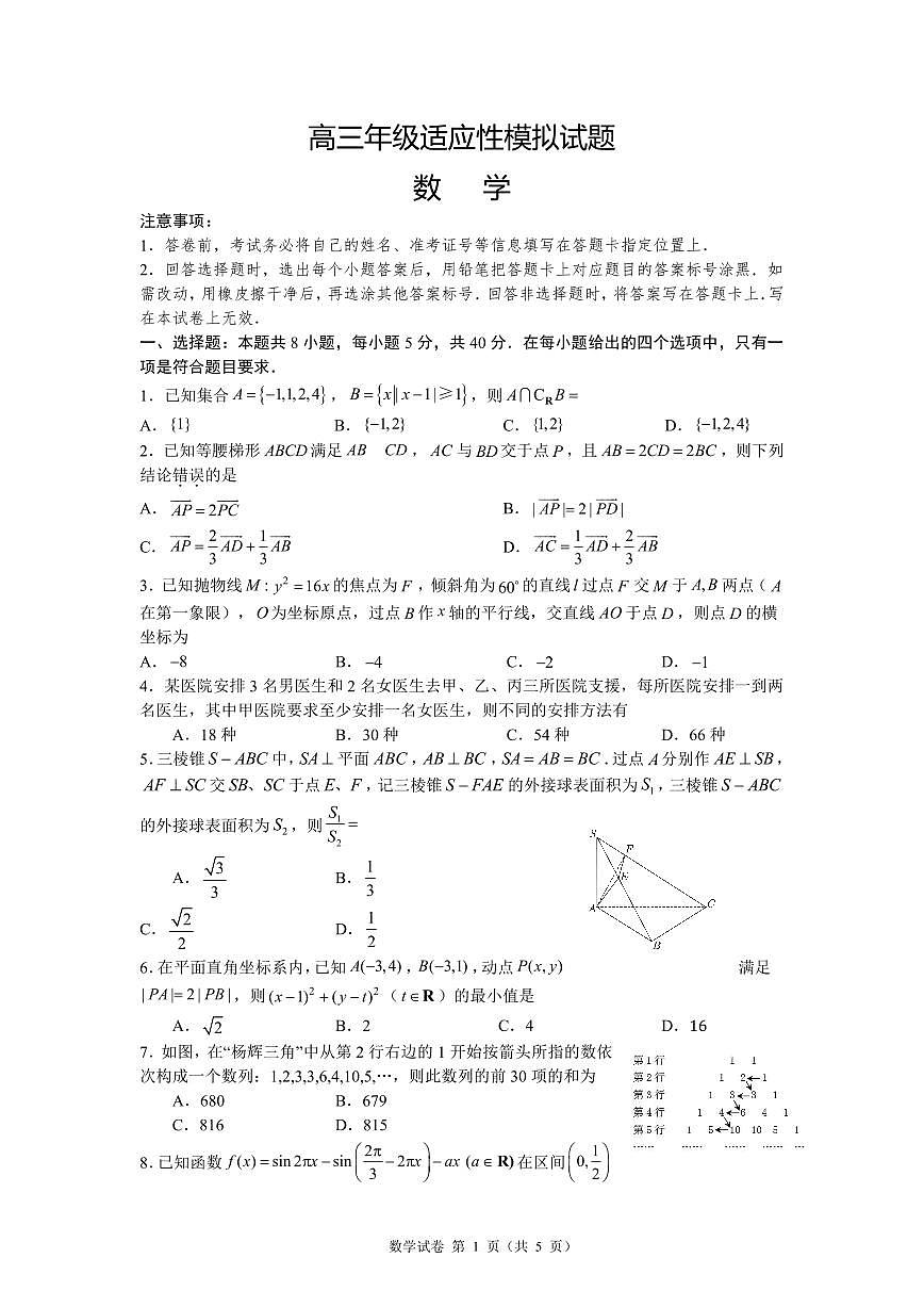 新高考高三年级适应性模拟试题（原卷版+教师版）第1页
